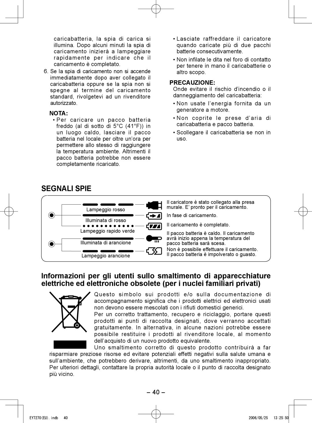 Panasonic EY7271, EY7270 operating instructions Segnali Spie, Precauzione 