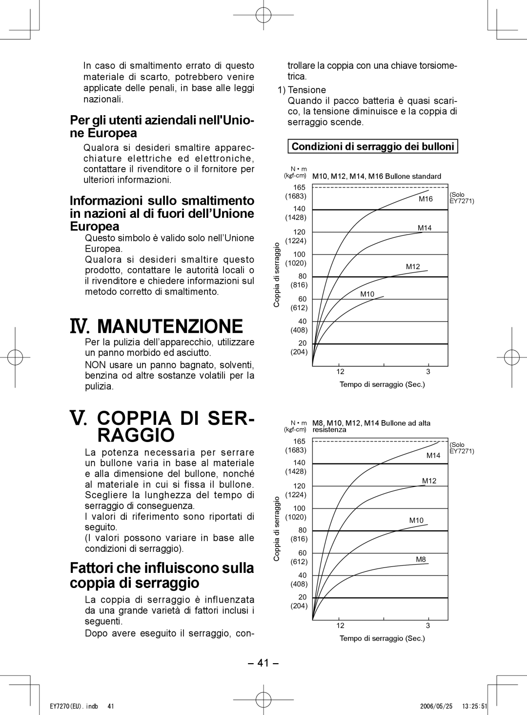 Panasonic EY7270, EY7271 IV. Manutenzione, Coppia DI SER­ Raggio, Per gli utenti aziendali nellUnio­ ne Europea 