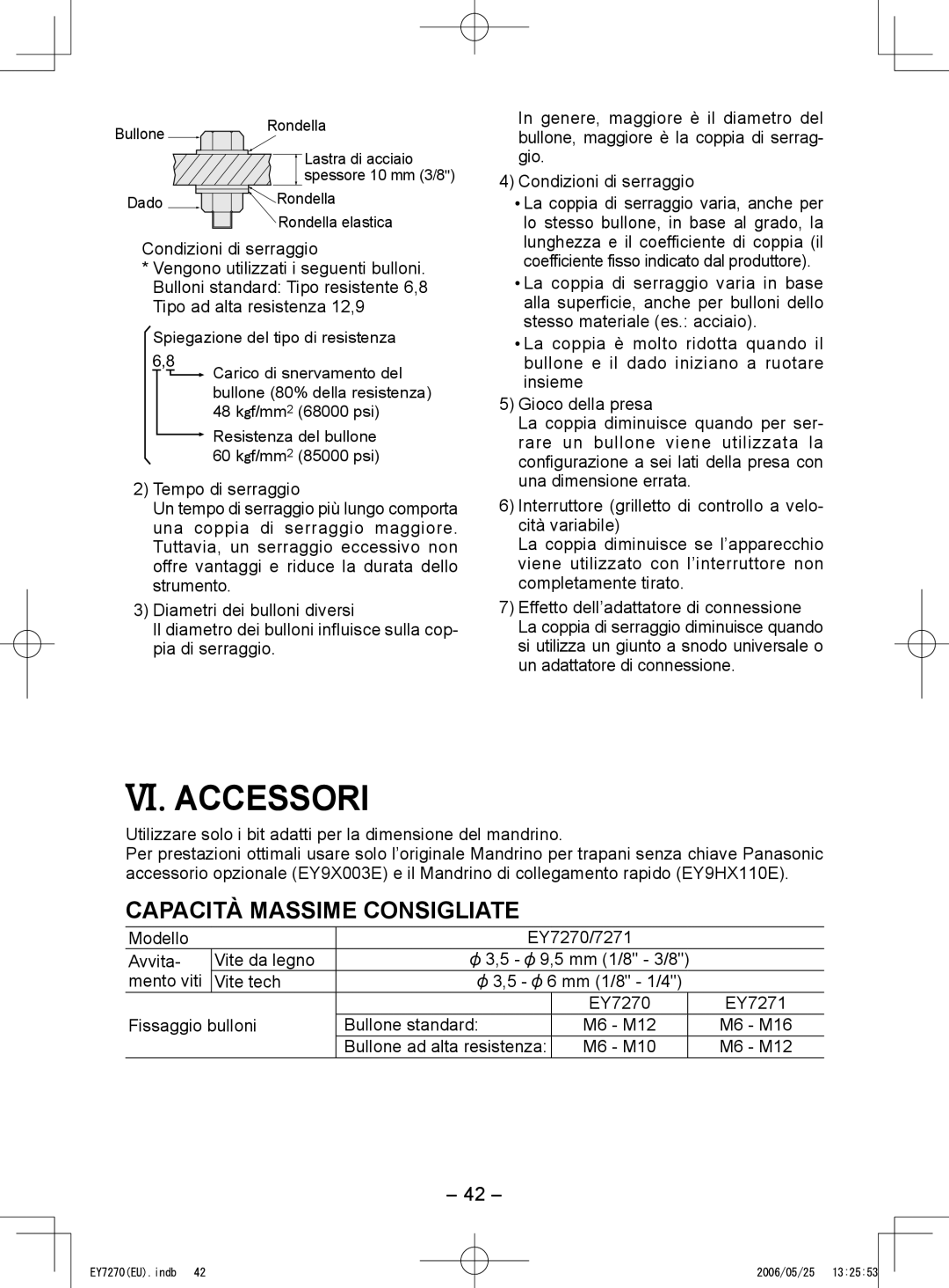 Panasonic EY7271 VI. Accessori, Capacità Massime Consigliate, Utilizzare solo i bit adatti per la dimensione del mandrino 