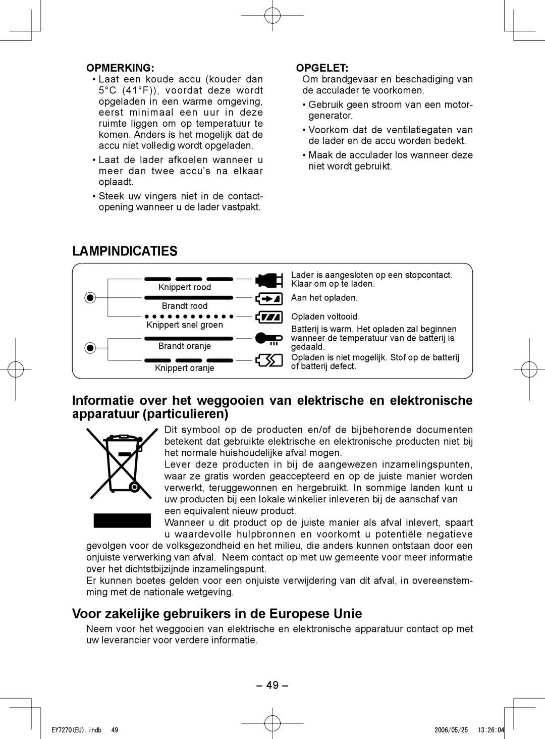 Panasonic EY7270, EY7271 operating instructions Lampindicaties, Voor zakelijke gebruikers in de Europese Unie 