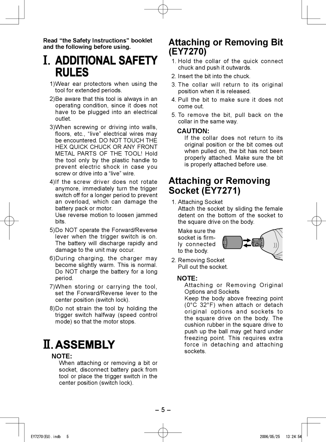 Panasonic Rules, II. Assembly, Attaching or Removing Bit EY7270, Attaching or Removing Socket EY7271 