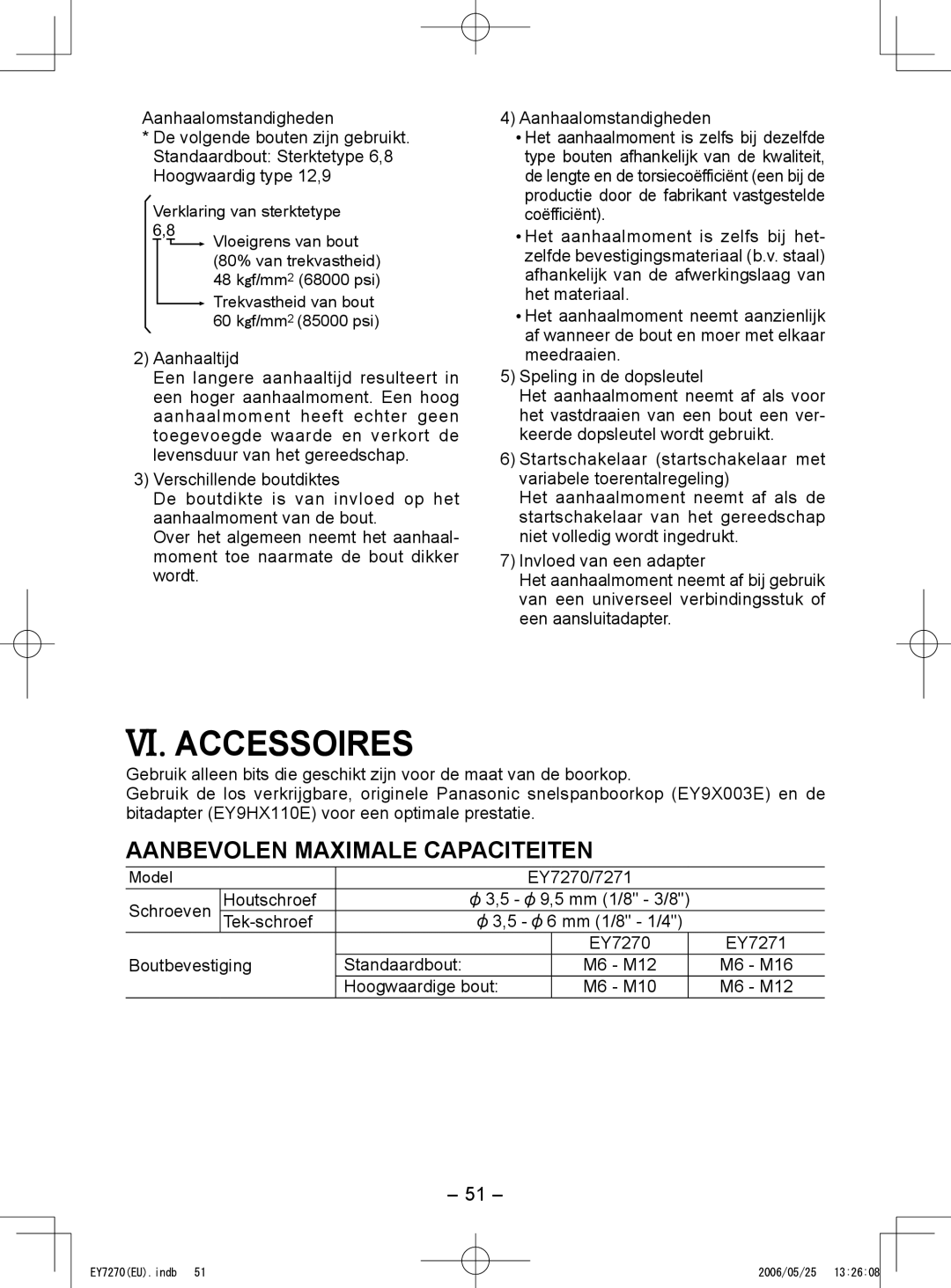 Panasonic Aanbevolen Maximale Capaciteiten, EY7270/7271 Schroeven Houtschroef, Tek-schroef, Boutbevestiging EY7270 