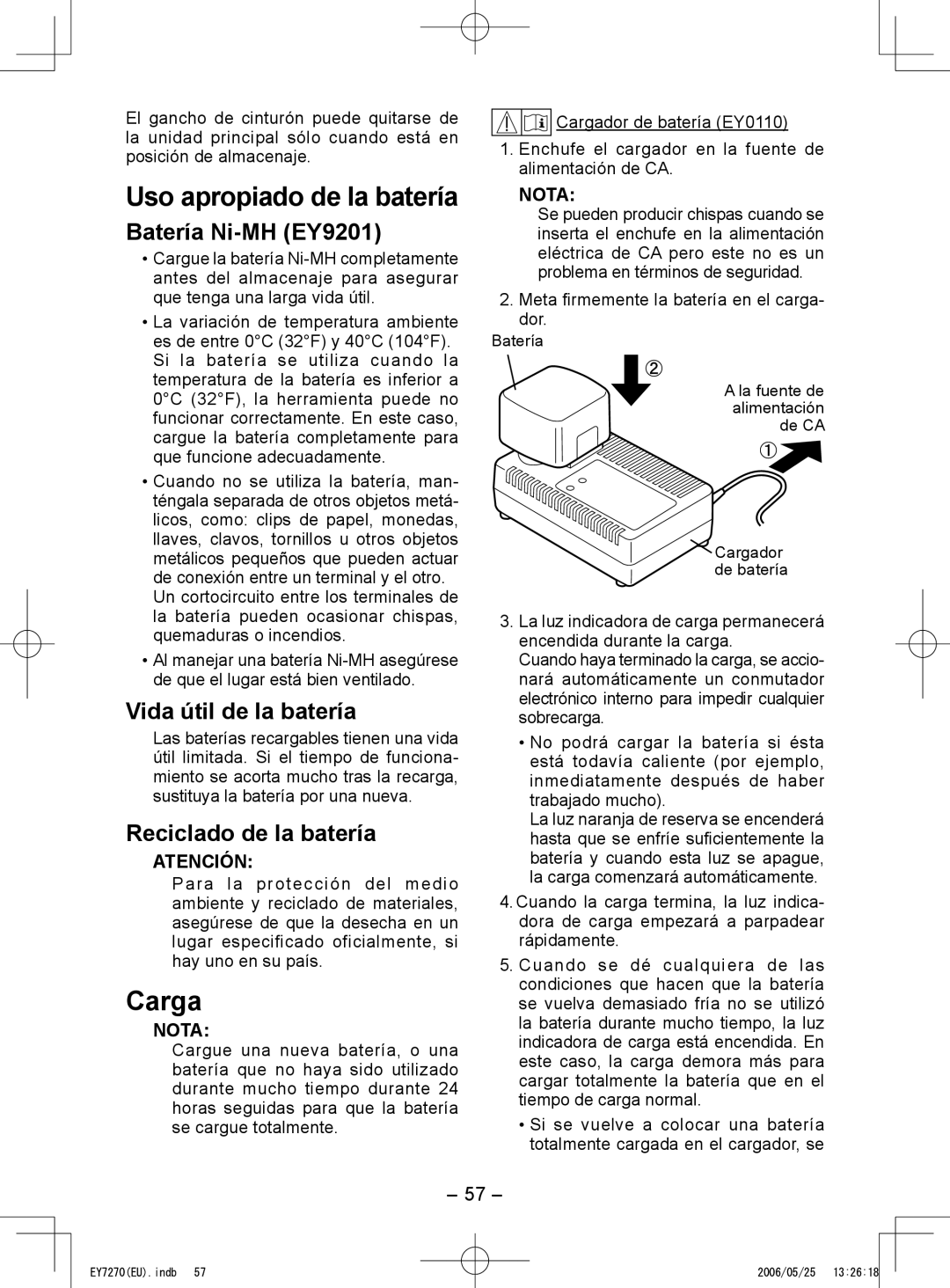 Panasonic EY7270, EY7271 Carga, Uso apropiado de la batería, Batería Ni-MH EY9201, Vida útil de la batería 