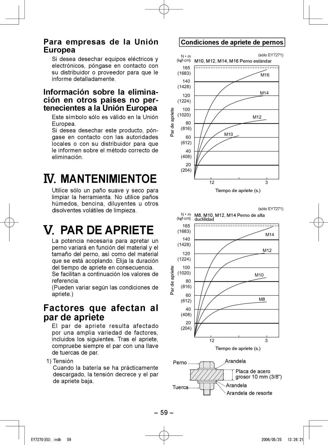 Panasonic EY7270, EY7271 operating instructions PAR DE Apriete, IV. Mantenimientoe, Factores que afectan al par de apriete 