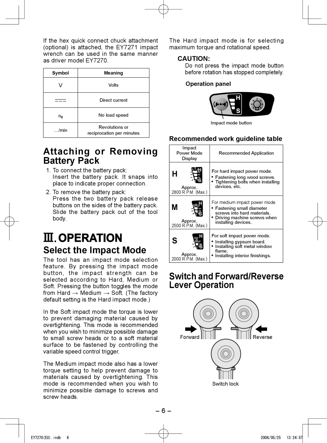 Panasonic EY7271, EY7270 operating instructions III. Operation, Attaching or Removing Battery Pack, Select the Impact Mode 