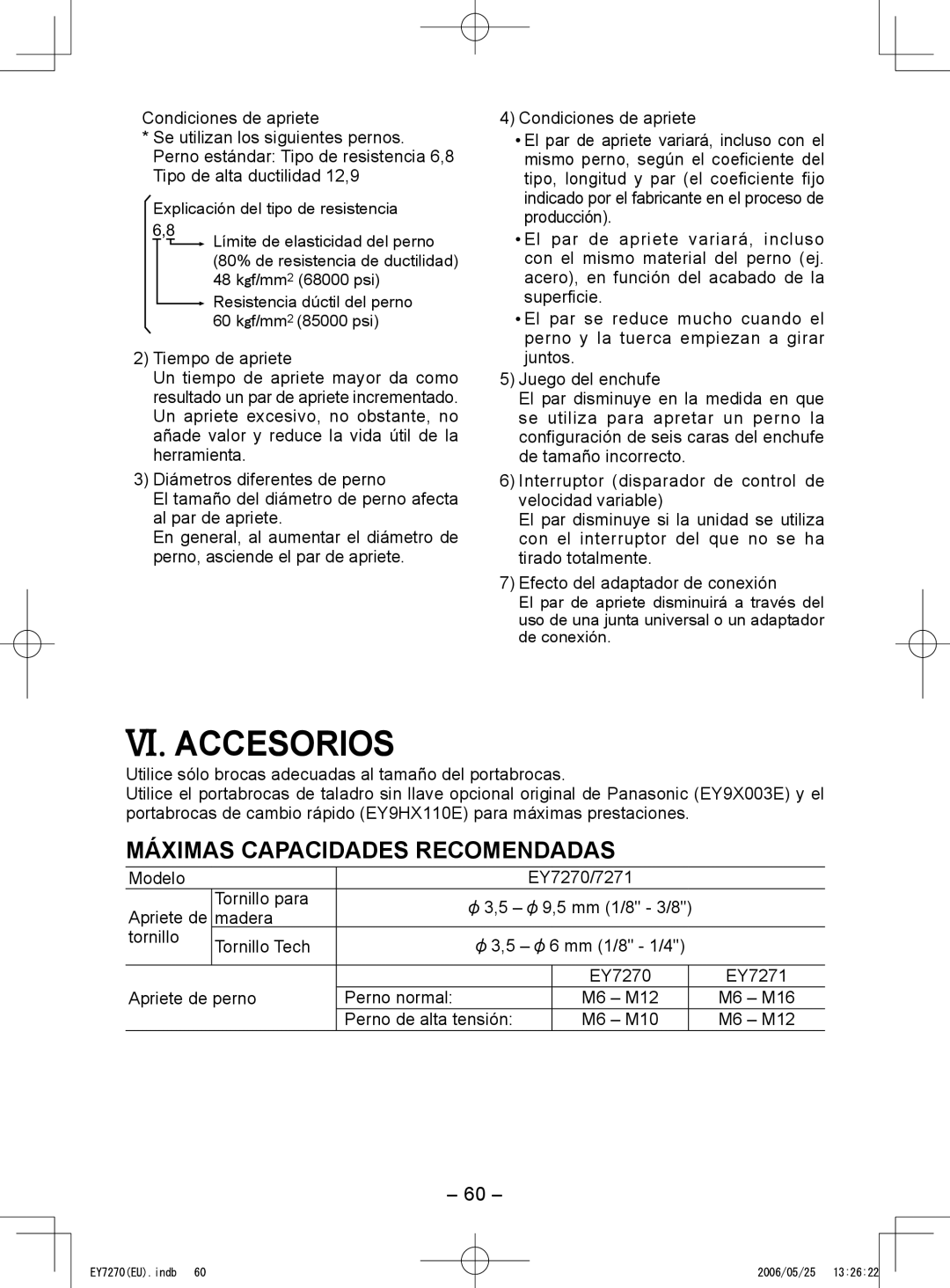 Panasonic EY7271, EY7270 operating instructions VI. Accesorios, Máximas Capacidades Recomendadas 