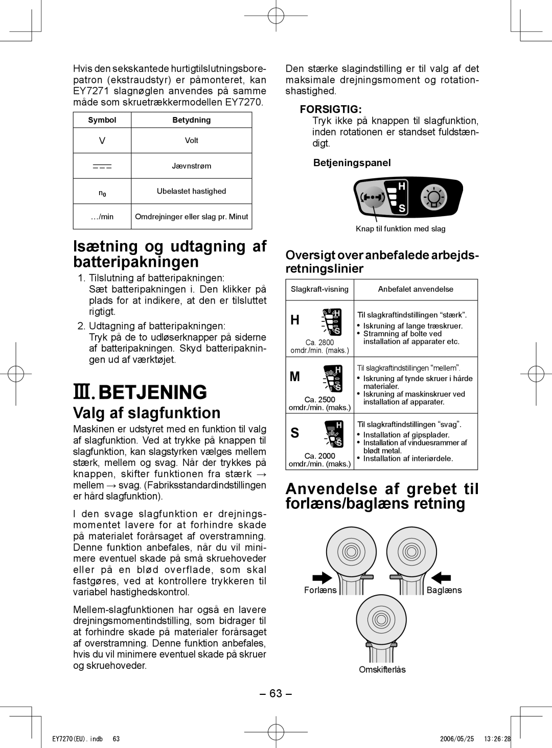 Panasonic EY7270, EY7271 III. Betjening, Isætning og udtagning af batteripakningen, Valg af slagfunktion 