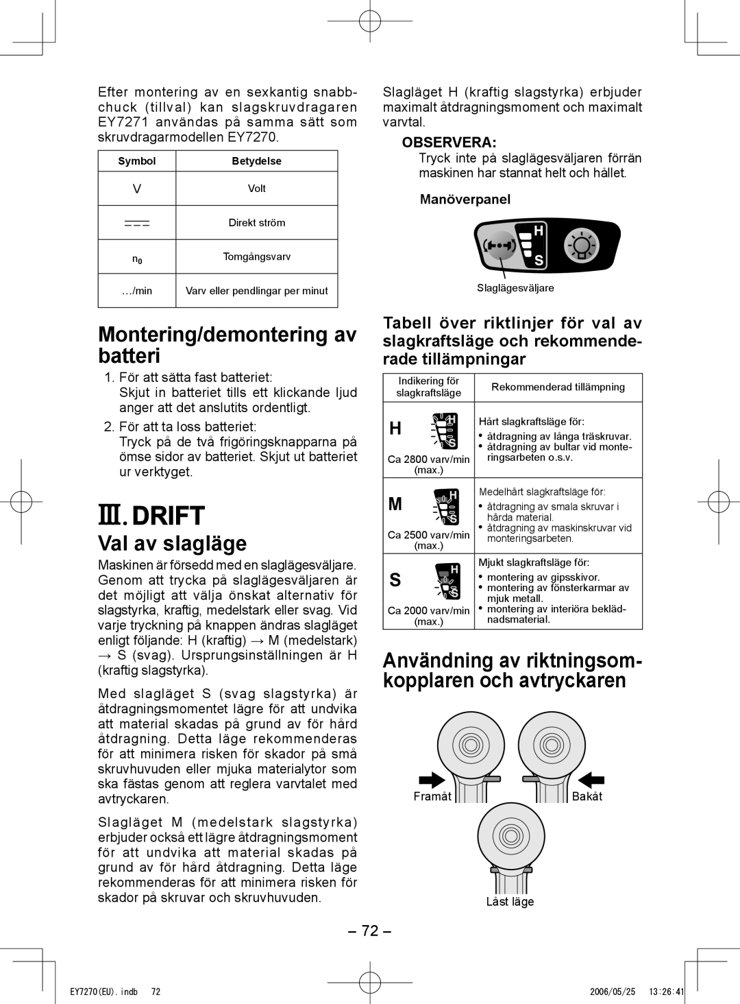 Panasonic EY7271, EY7270 operating instructions III. Drift, Montering/demontering av batteri, Val av slagläge 