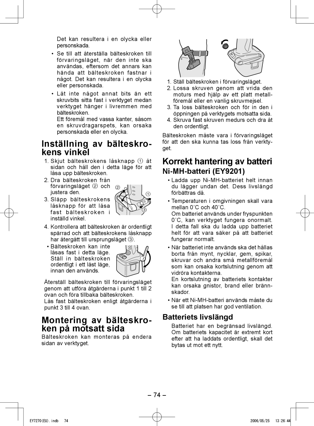 Panasonic EY7271 Inställning av bälteskro- kens vinkel, Montering av bälteskro- ken på motsatt sida, Ni-MH-batteri EY9201 