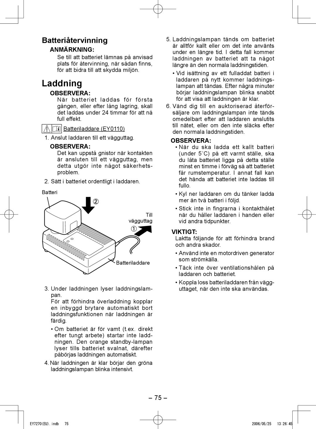 Panasonic EY7270, EY7271 operating instructions Laddning, Batteriåtervinning, Anmärkning 