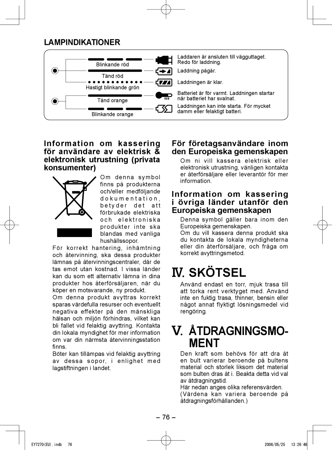 Panasonic EY7271 IV. Skötsel, ÅTDRAGNINGSMO­ Ment, Lampindikationer, För företagsanvändare inom den Europeiska gemenskapen 