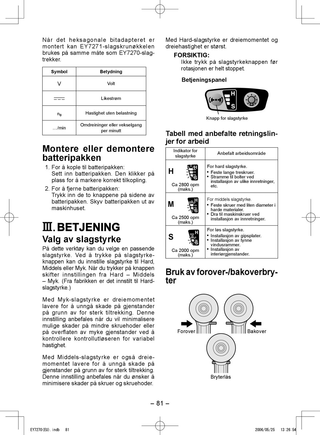 Panasonic EY7270, EY7271 Montere eller demontere batteripakken, Valg av slagstyrke, Bruk av forover-/bakoverbry­ ter 