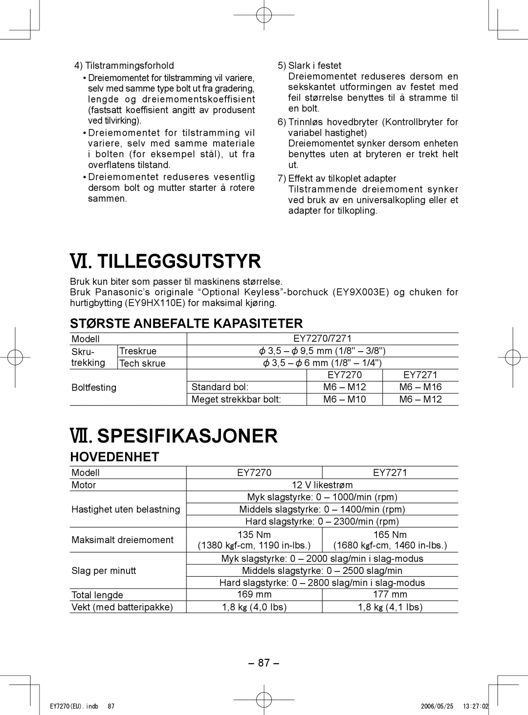 Panasonic EY7270, EY7271 VI. Tilleggsutstyr, VII. Spesifikasjoner, Største Anbefalte Kapasiteter, Hovedenhet 