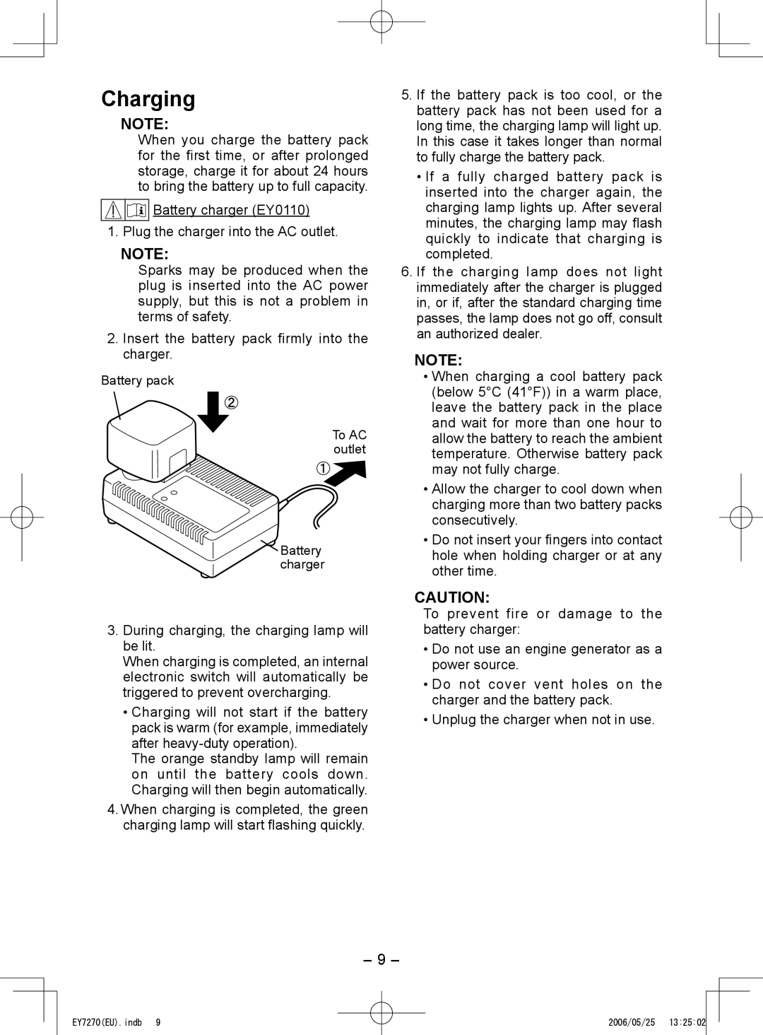 Panasonic EY7270, EY7271 operating instructions Charging, During charging, the charging lamp will be lit 