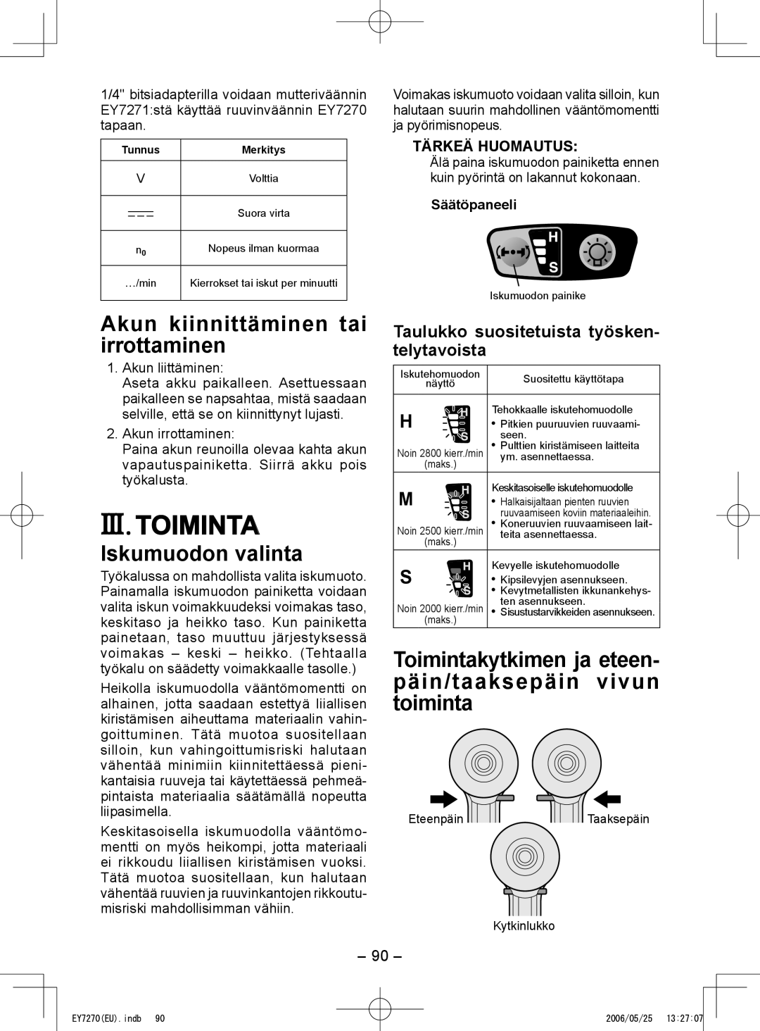 Panasonic EY7271, EY7270 operating instructions III. Toiminta, Akun kiinnittäminen tai irrottaminen, Iskumuodon valinta 