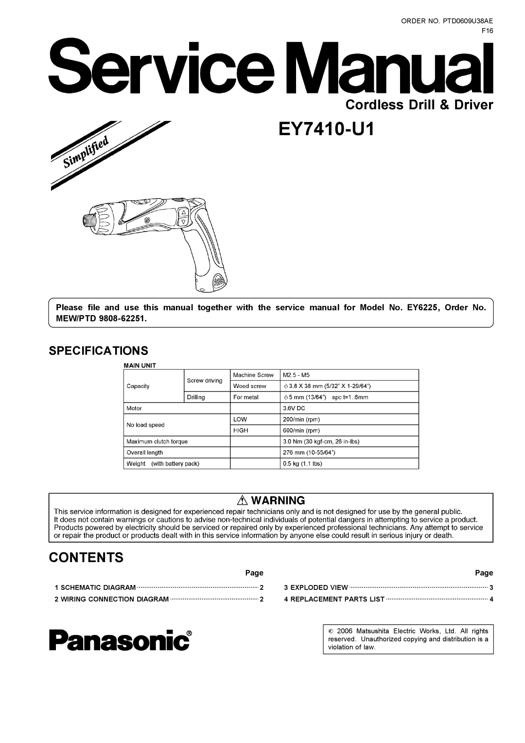 Panasonic EY7410-U1 specifications 