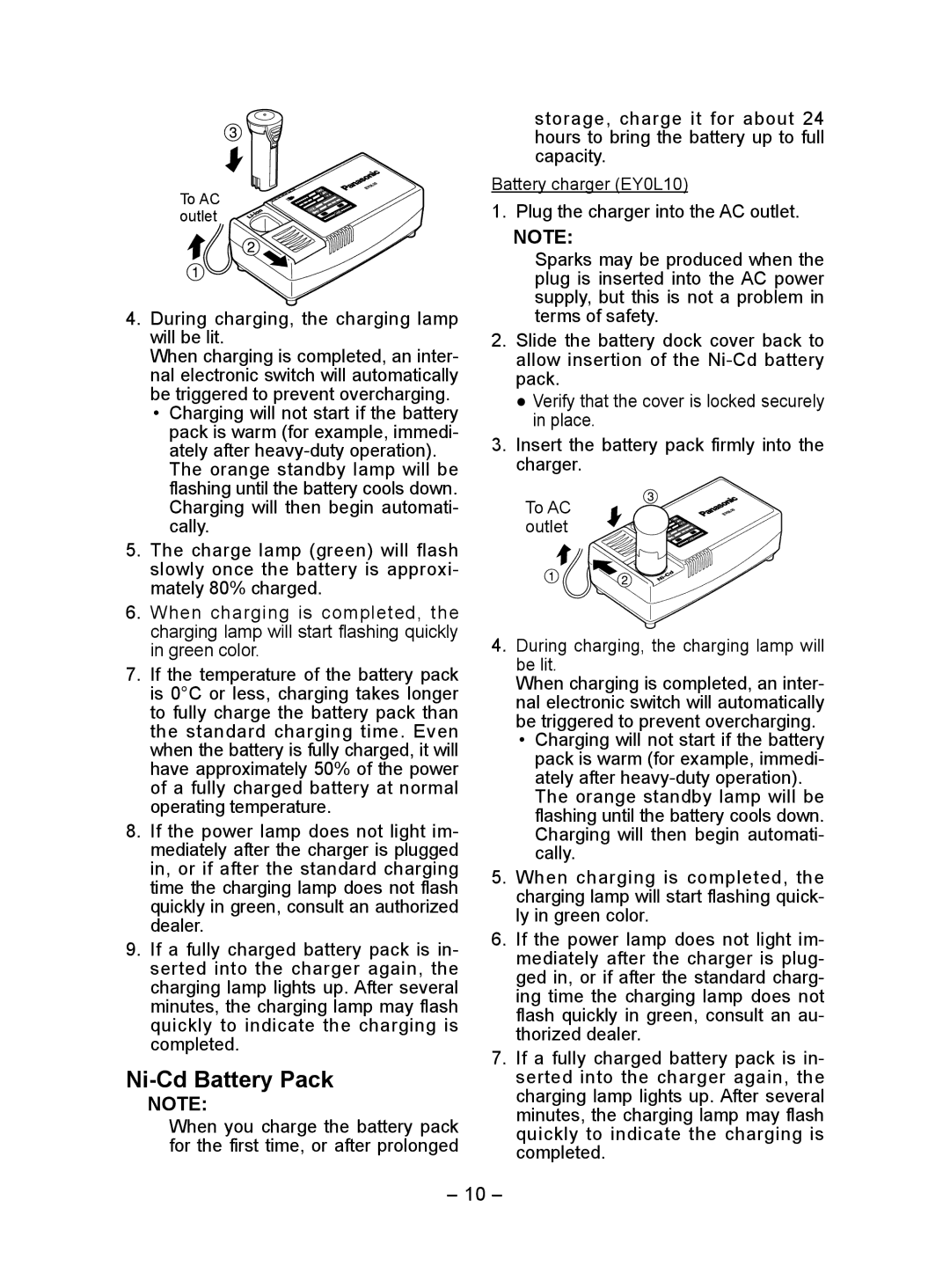 Panasonic EY7410 operating instructions Ni-Cd Battery Pack, During charging, the charging lamp will be lit 