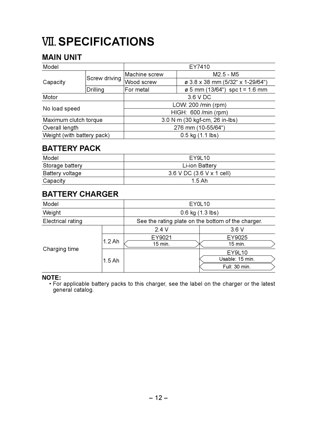 Panasonic EY7410 operating instructions VII. Specifications, Main Unit 