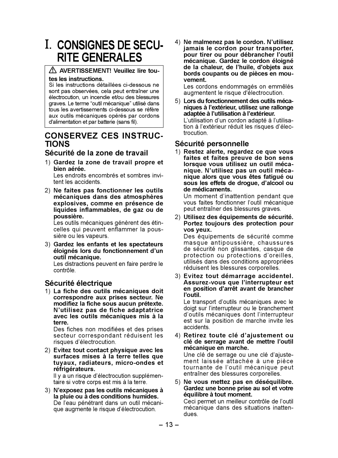 Panasonic EY7410 Rite Generales, Sécurité de la zone de travail, Sécurité électrique, Sécurité personnelle 