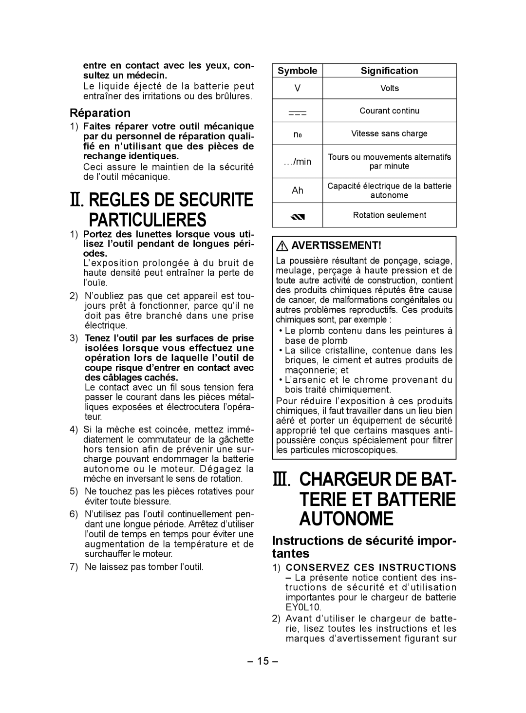 Panasonic EY7410 Particulieres, Instructions de sécurité impor­ tantes, Réparation, Symbole Signification 