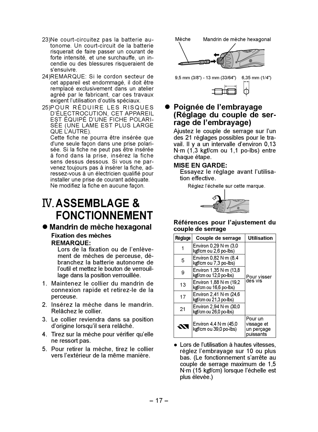 Panasonic EY7410 operating instructions IV. Assemblage,  Mandrin de mèche hexagonal 