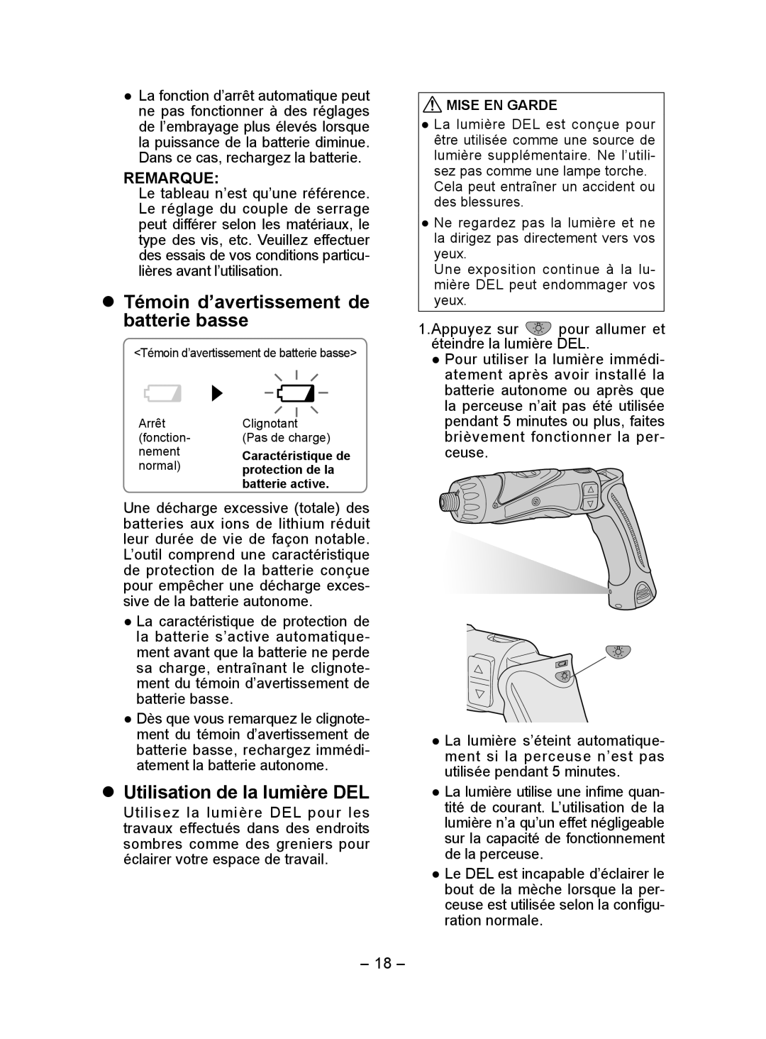 Panasonic EY7410 operating instructions  Témoin d’avertissement de batterie basse,  Utilisation de la lumière DEL 