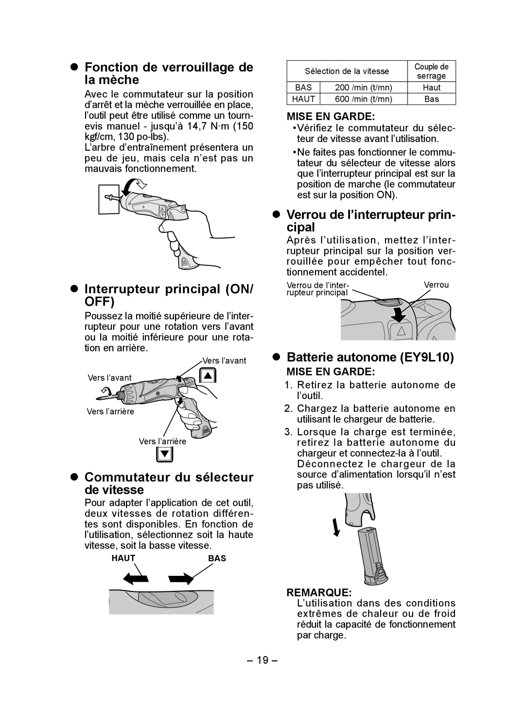 Panasonic EY7410  Fonction de verrouillage de la mèche,  Interrupteur principal ON/ OFF,  Batterie autonome EY9L10 