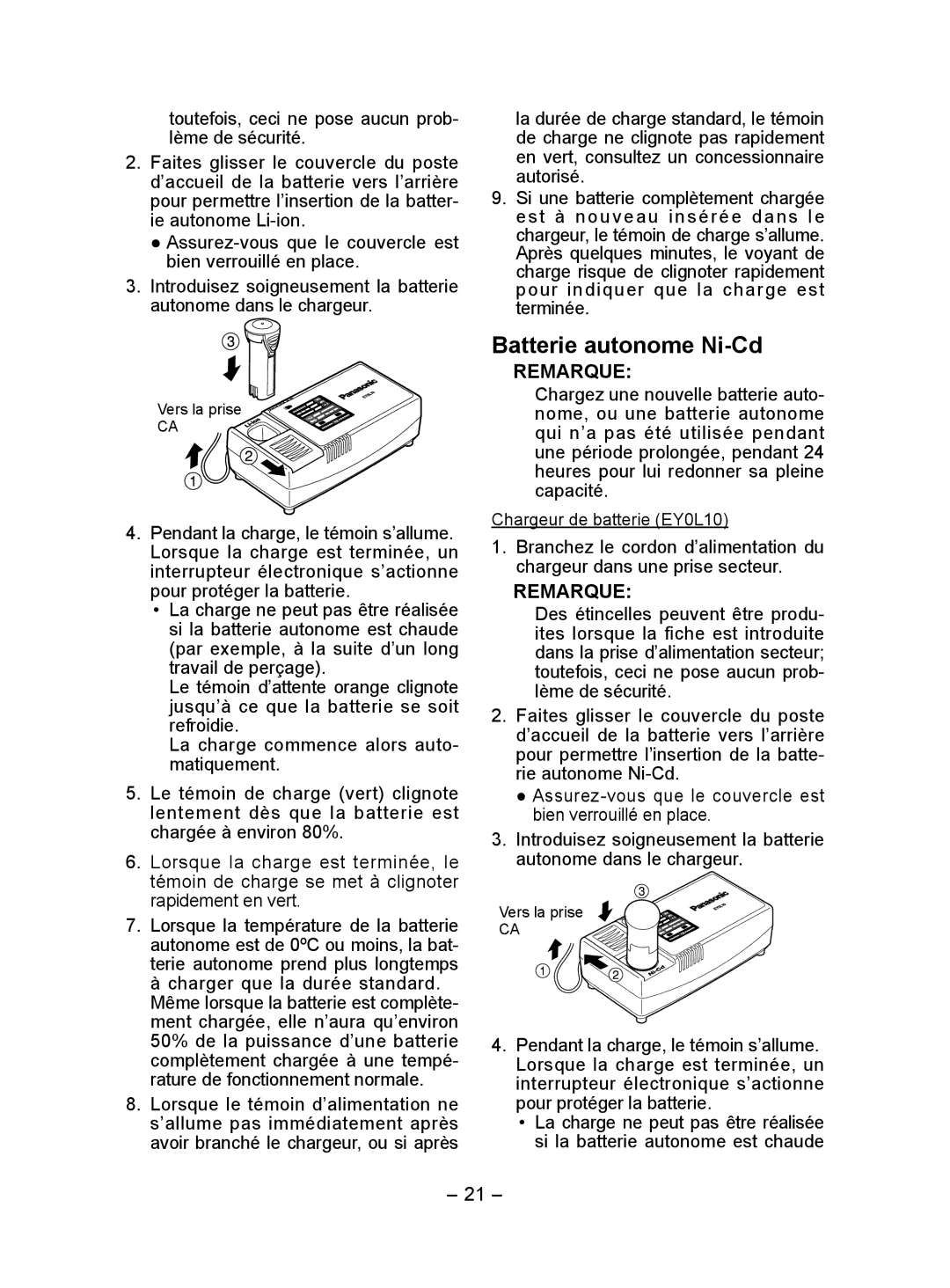 Panasonic EY7410 operating instructions Batterie autonome Ni-Cd 