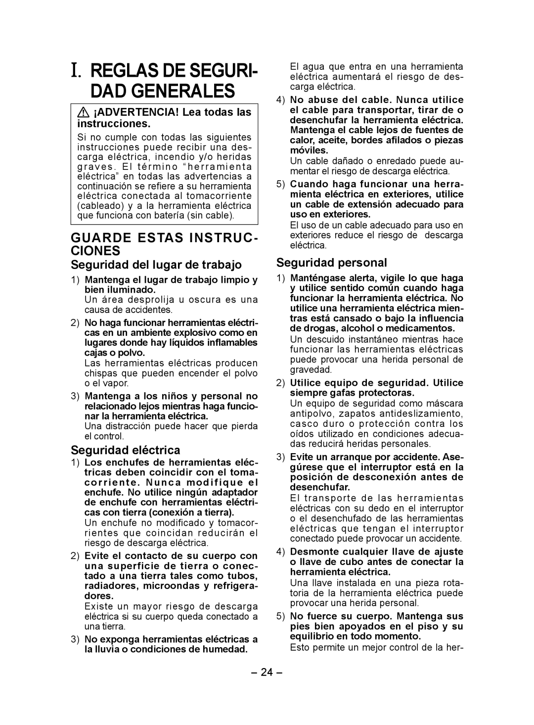 Panasonic EY7410 DAD Generales, Seguridad del lugar de trabajo, Seguridad eléctrica, Seguridad personal 