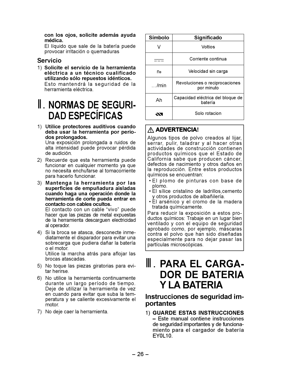 Panasonic EY7410 DAD Específicas, III. Para EL CARGA­, Instrucciones de seguridad im­ portantes, Servicio 