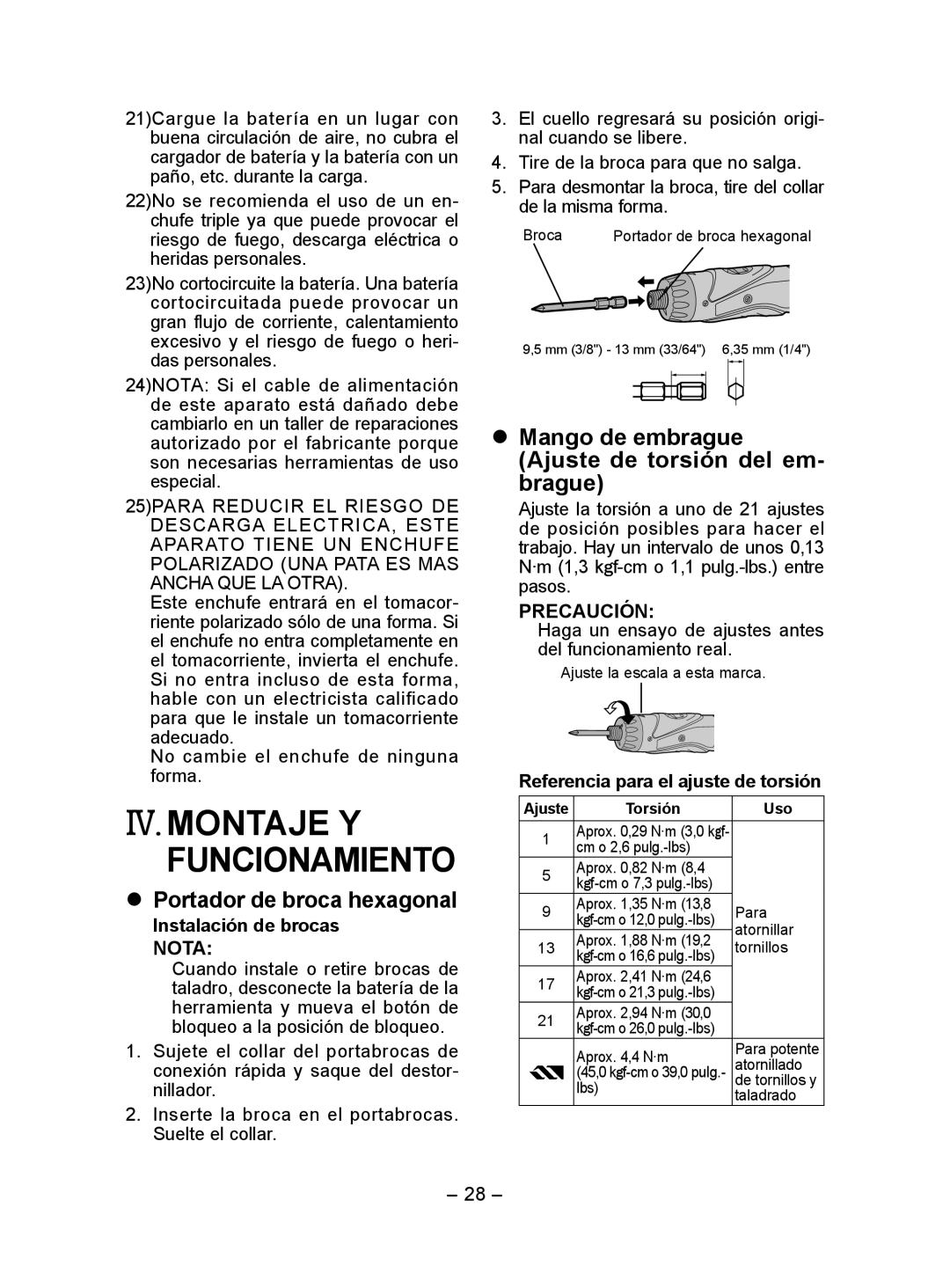 Panasonic EY7410 operating instructions IV. Montaje Y Funcionamiento,  Portador de broca hexagonal 