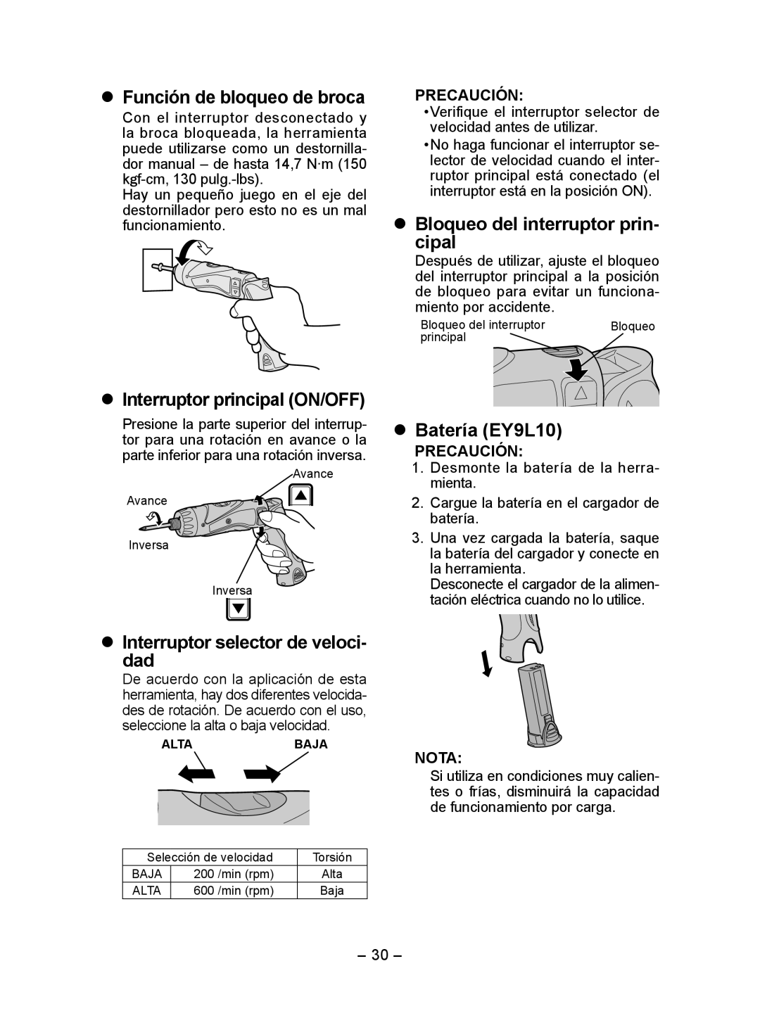 Panasonic EY7410  Función de bloqueo de broca,  Interruptor principal ON/OFF,  Bloqueo del interruptor prin­ cipal 