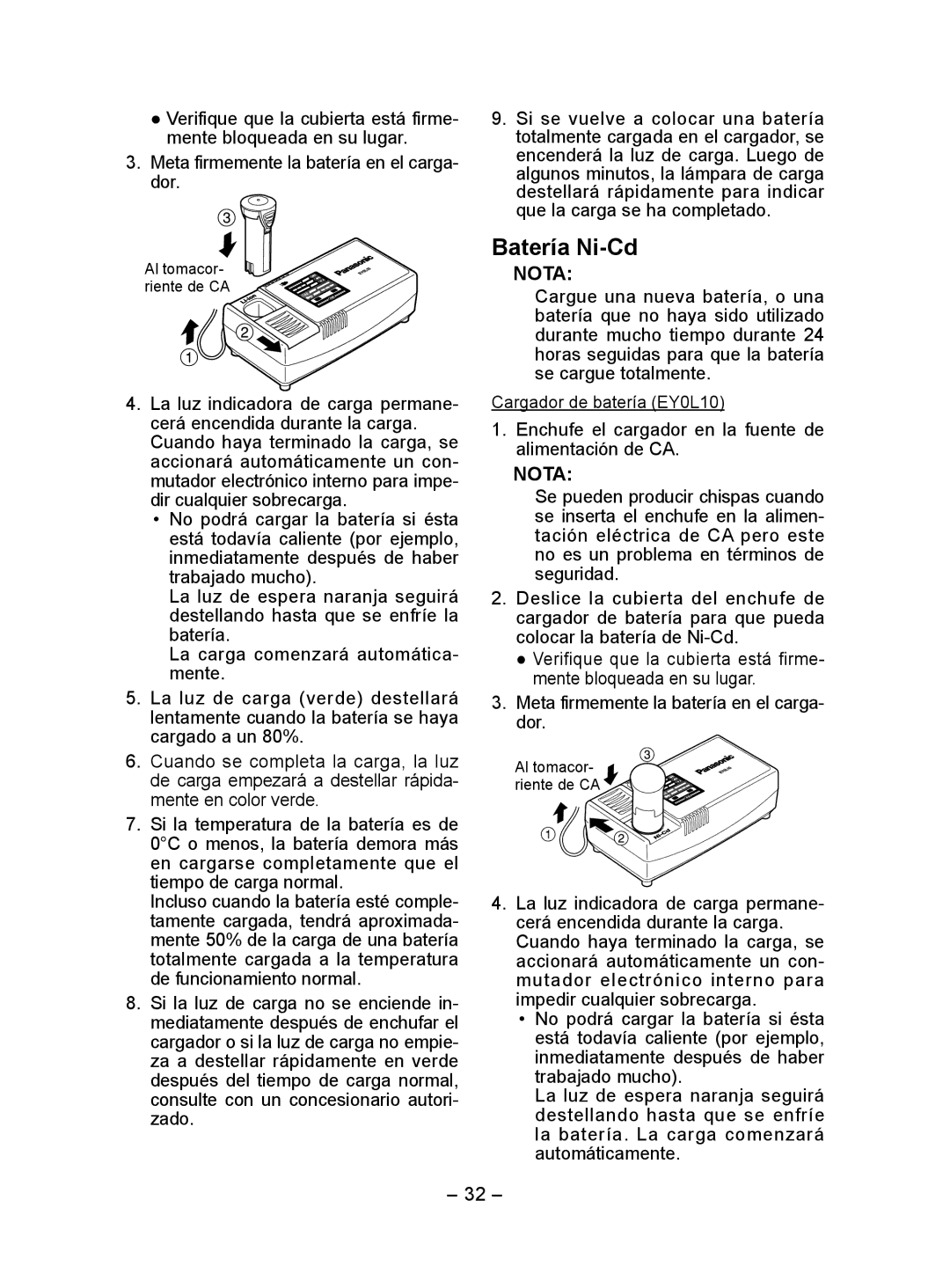 Panasonic EY7410 operating instructions Batería Ni-Cd 