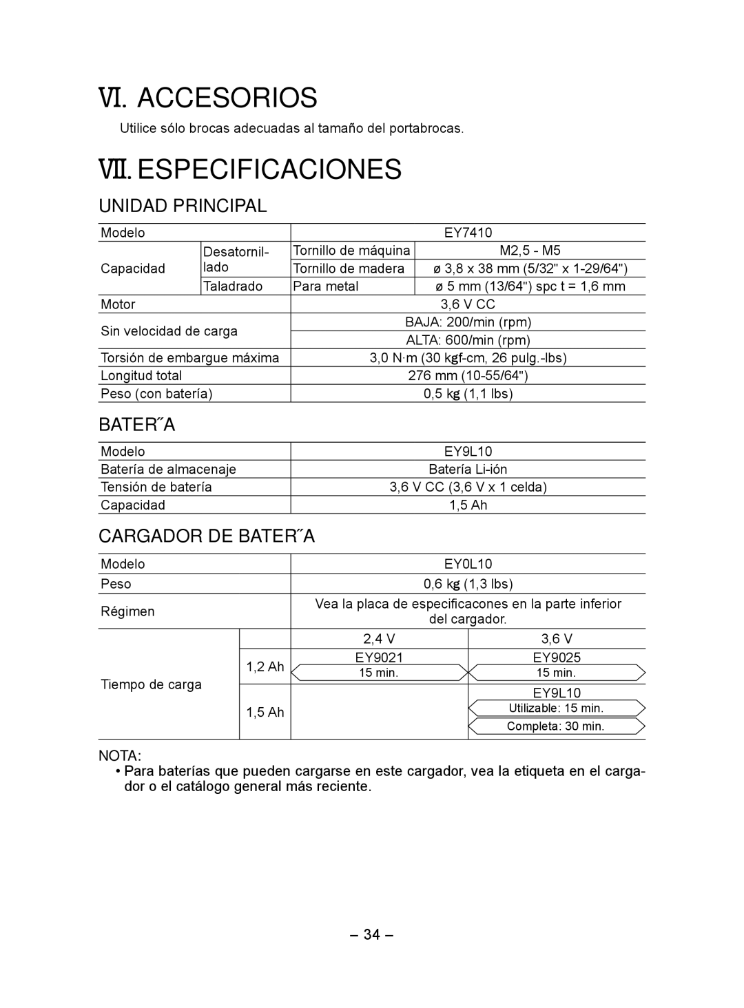 Panasonic EY7410 operating instructions VI. Accesorios, VII. Especificaciones 