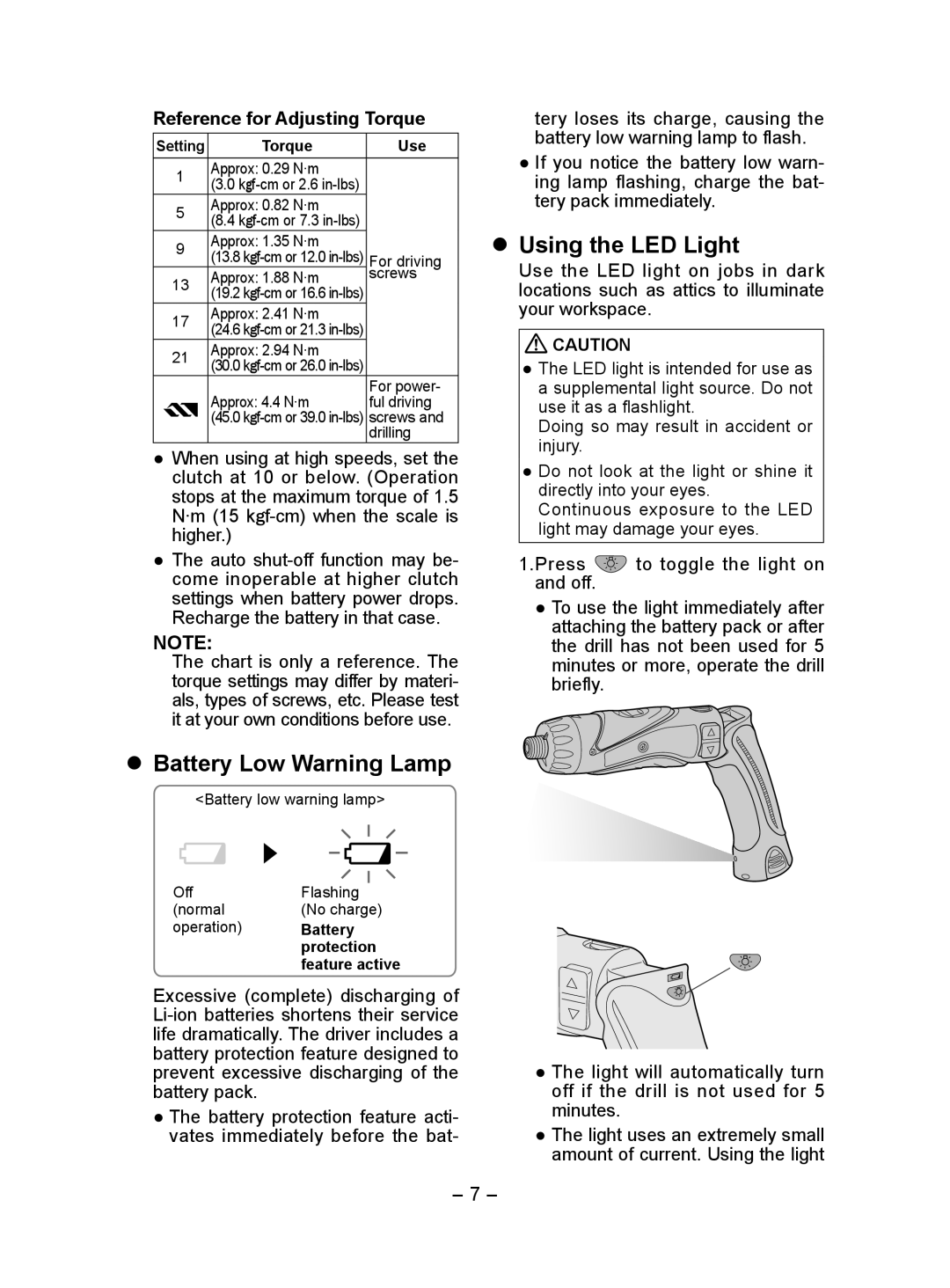 Panasonic EY7410 operating instructions  Battery Low Warning Lamp,  Using the LED Light 