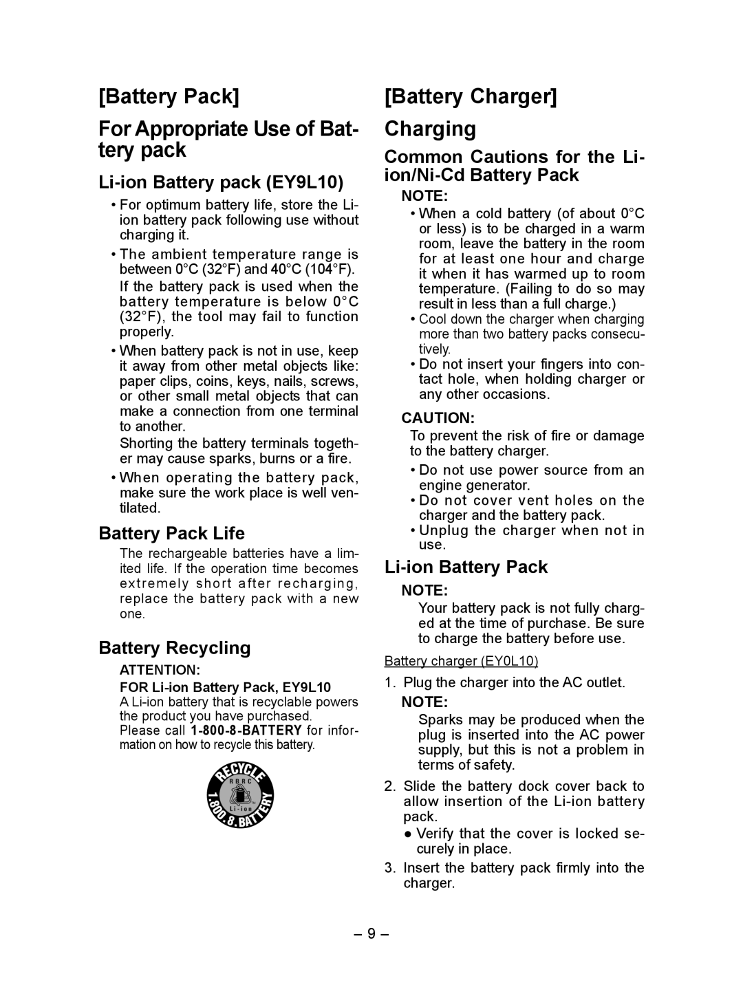 Panasonic EY7410 Li­ion Battery pack EY9L10, Battery Pack Life, Battery Recycling, Li­ion Battery Pack 