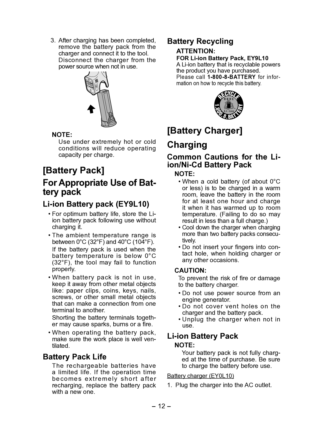 Panasonic EY7411 operating instructions Battery Pack For Appropriate Use of Bat­ tery pack, Battery Charger Charging 