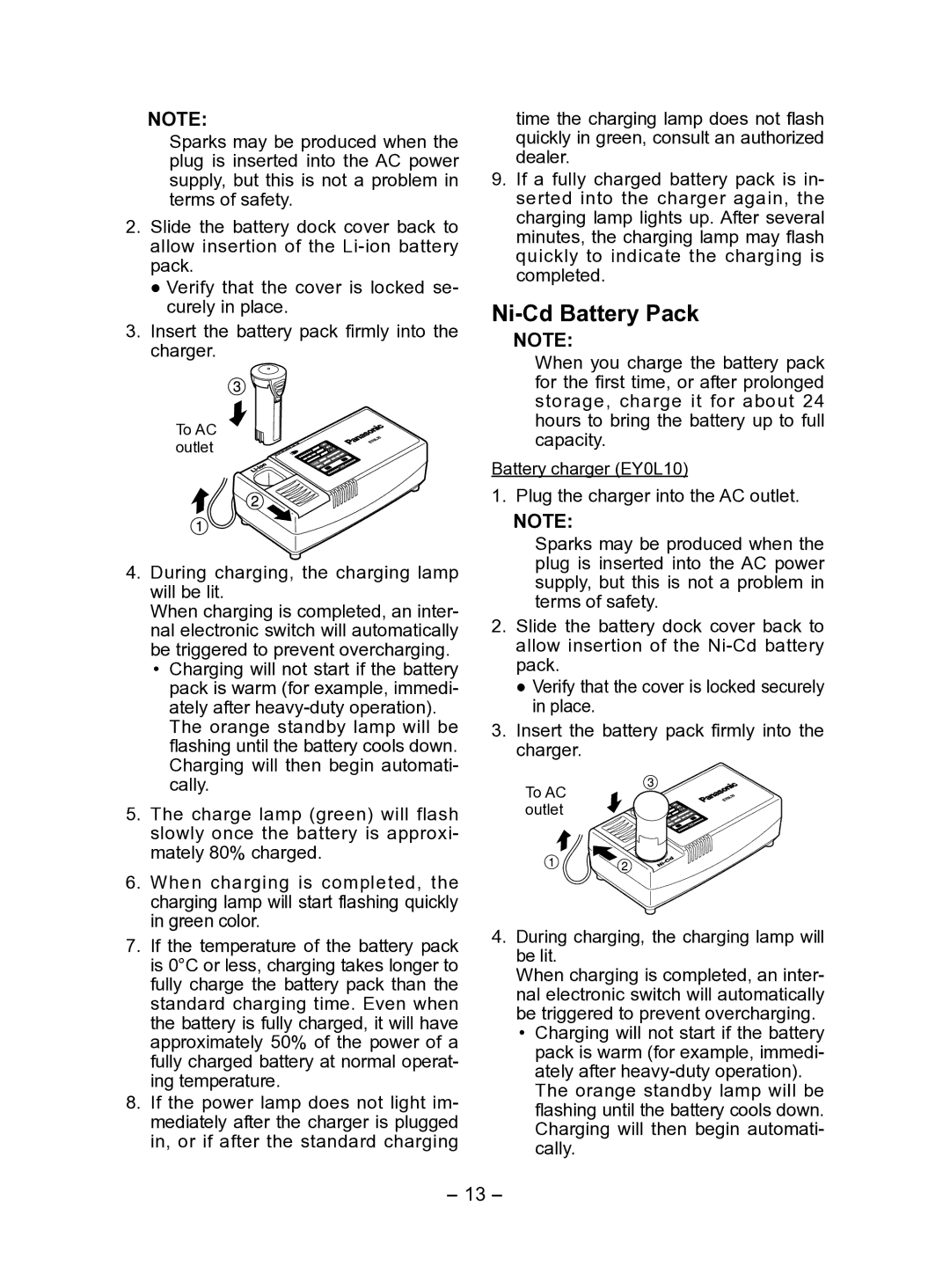 Panasonic EY7411 operating instructions Ni-Cd Battery Pack, During charging, the charging lamp will be lit 