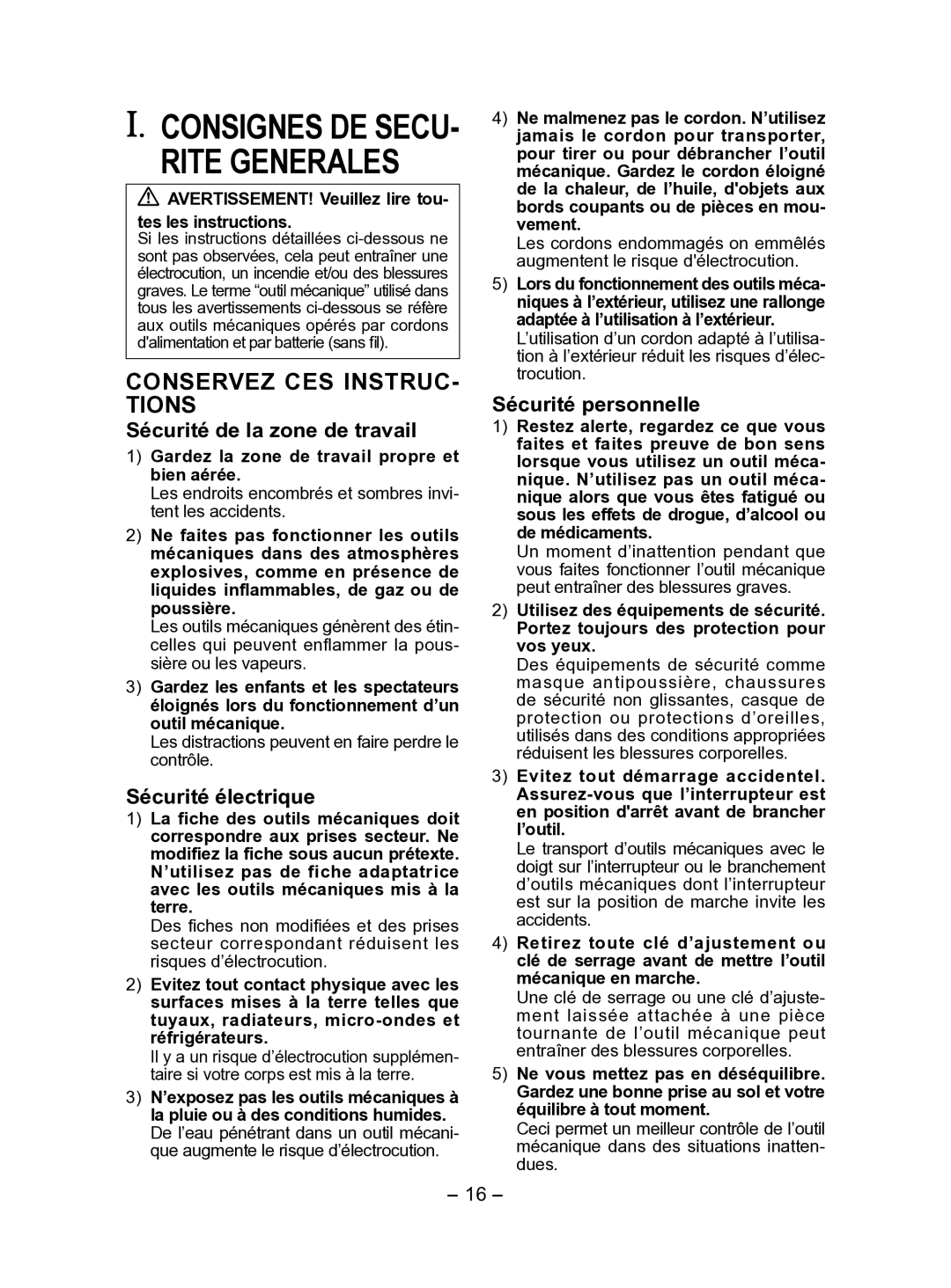 Panasonic EY7411 Rite Generales, Sécurité de la zone de travail, Sécurité électrique, Sécurité personnelle 