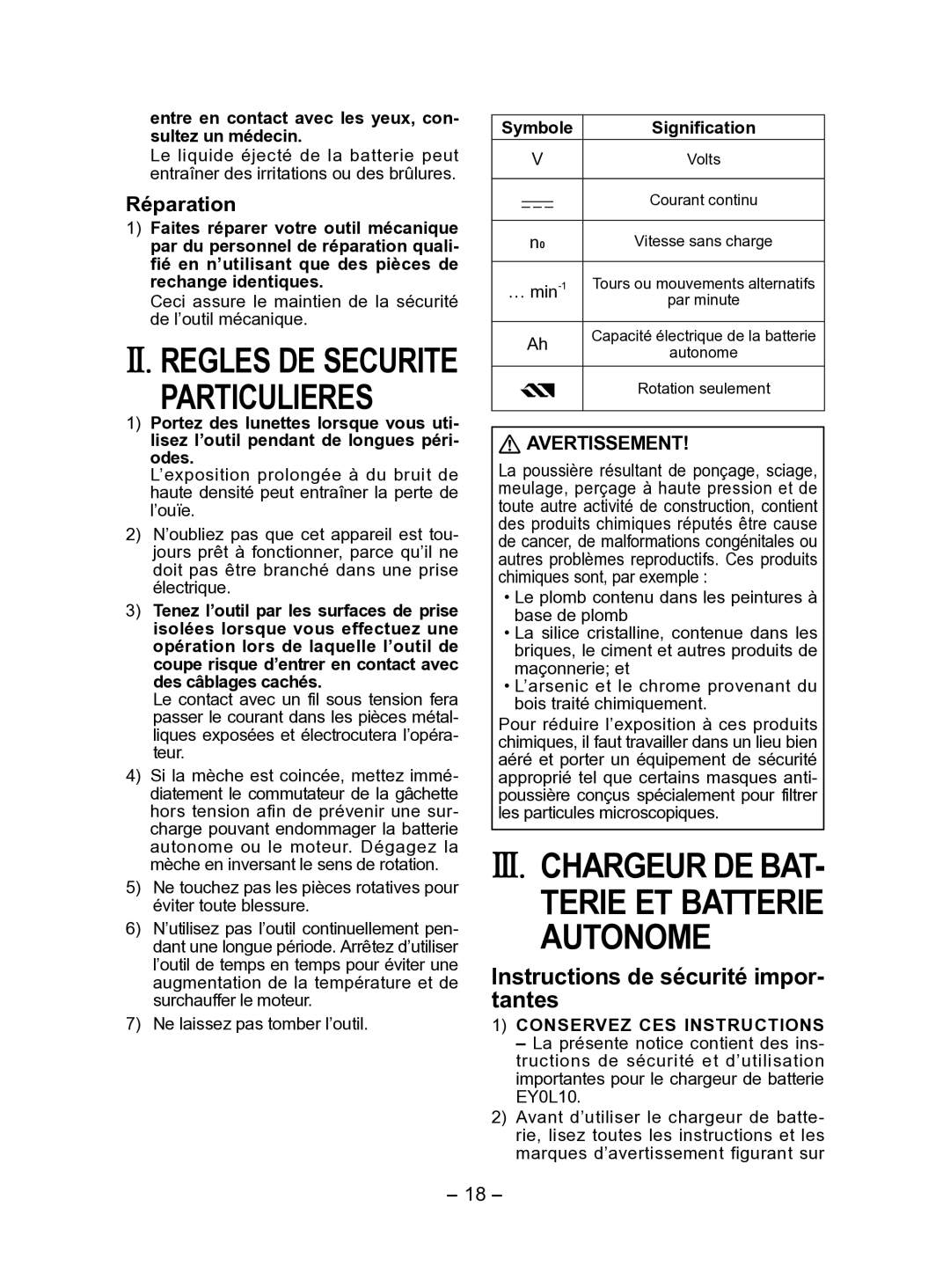 Panasonic EY7411 operating instructions Particulieres, Instructions de sécurité impor­ tantes, Réparation, Avertissement 