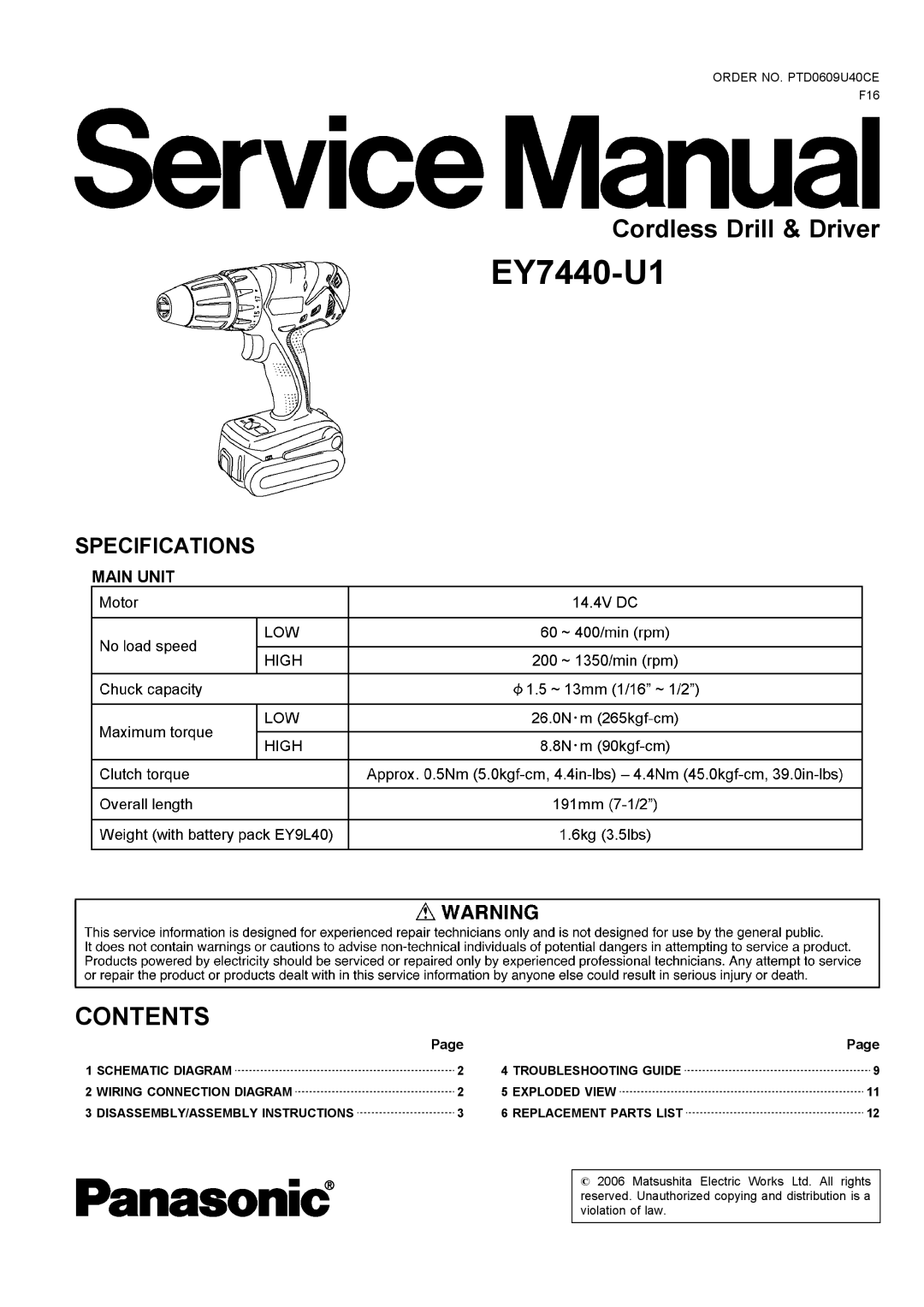 Panasonic EY7440-U1 specifications 