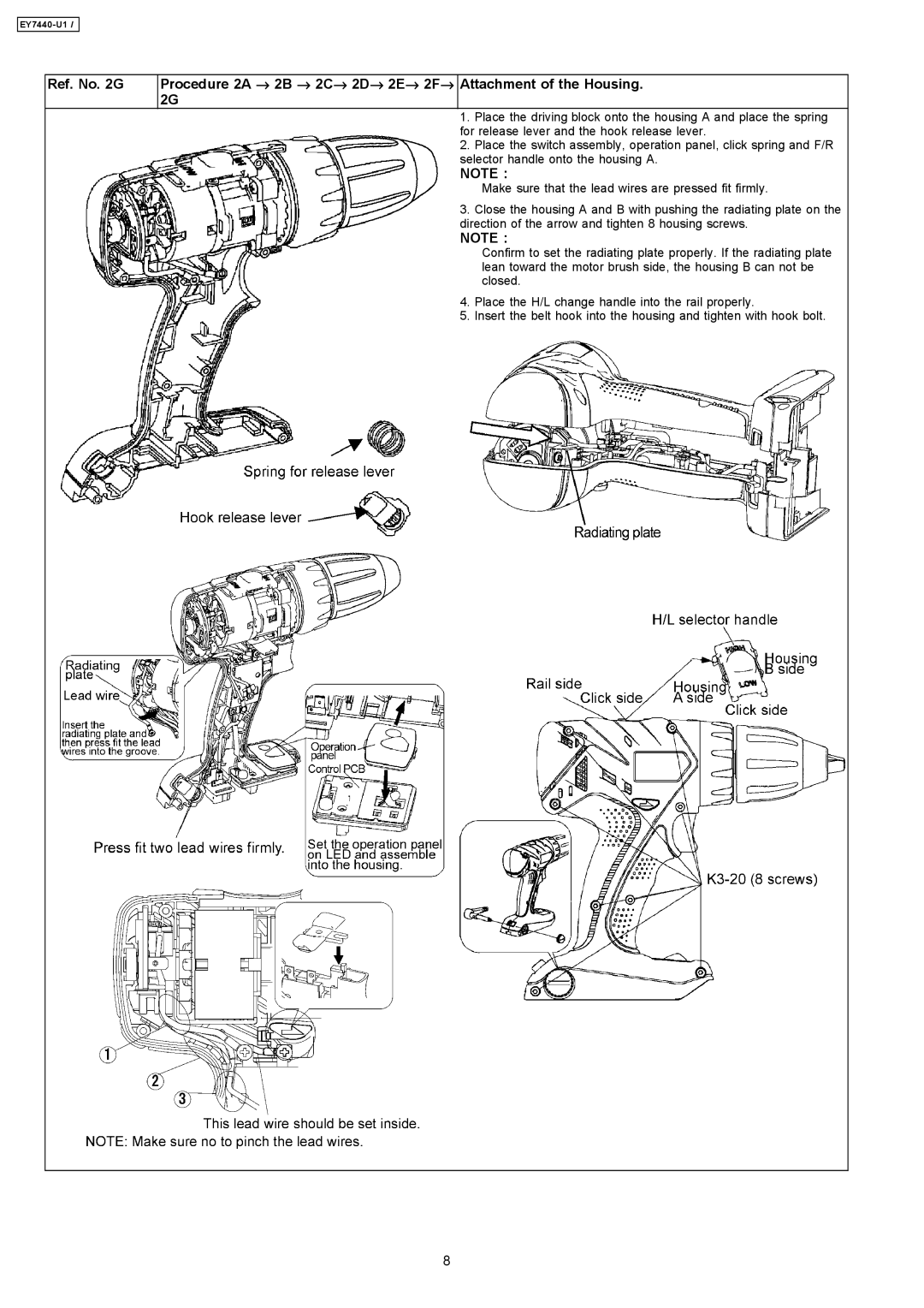 Panasonic EY7440-U1 specifications For release lever and the hook release lever 