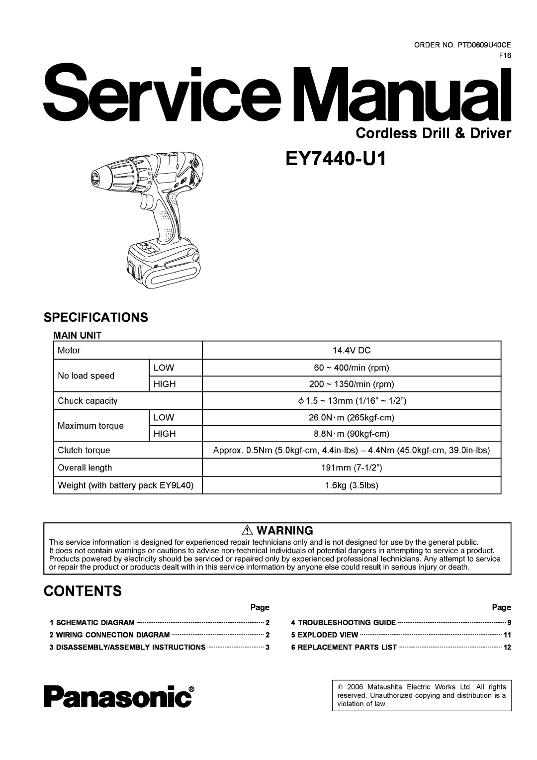 Panasonic EY7440-U1 specifications Page, Schematic Diagram, Troubleshooting Guide, Wiring Connection Diagram, Contents 