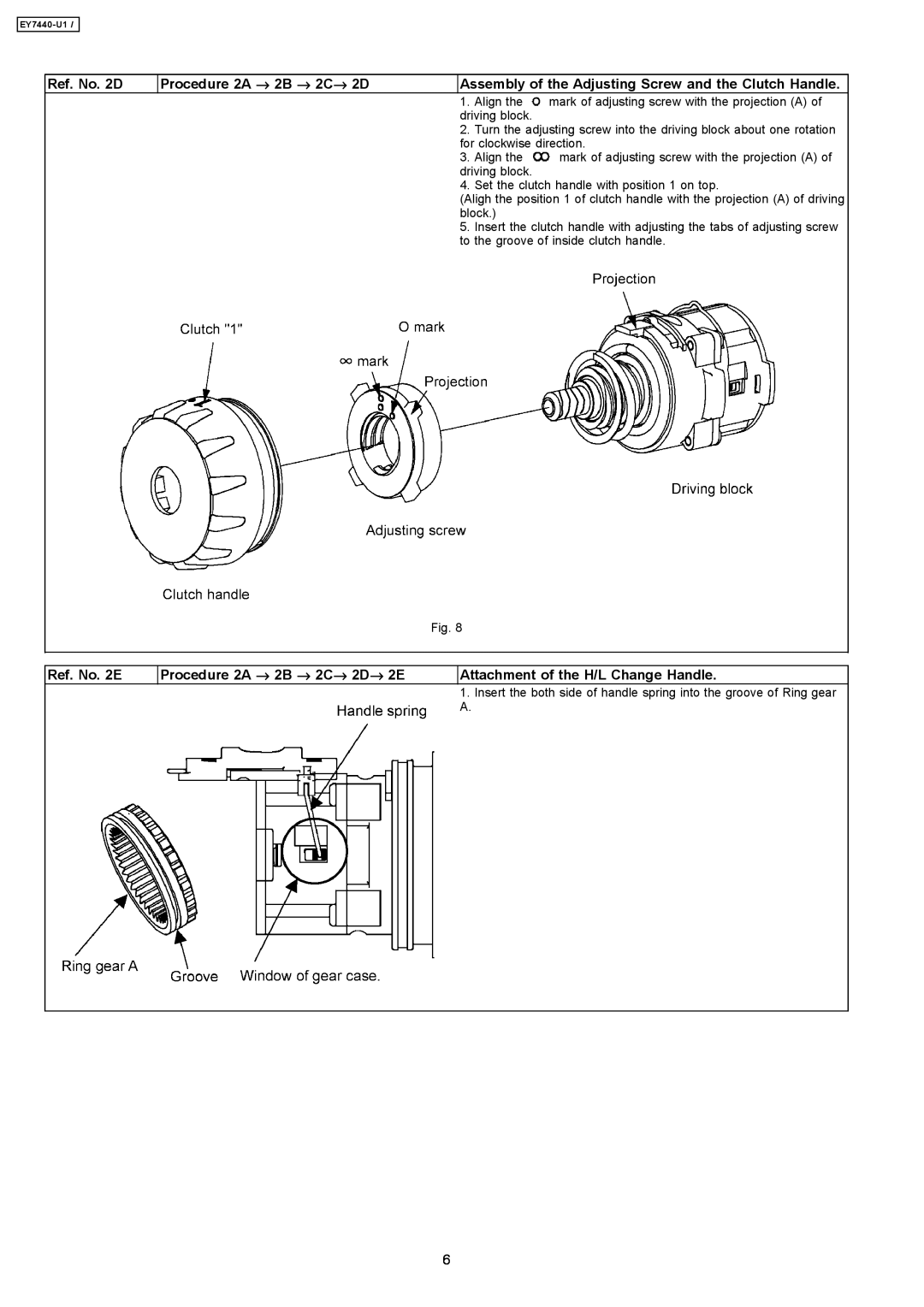 Panasonic EY7440-U1 Ref. No. 2D, Procedure 2A → 2B → 2C→ 2D, Assembly of the Adjusting Screw and the Clutch Handle 