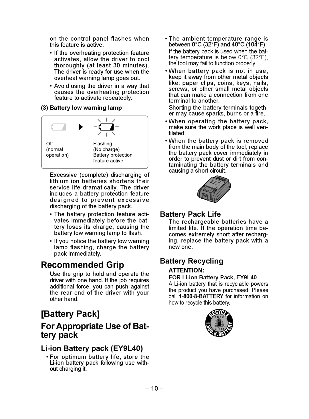 Panasonic EY7440 Recommended Grip, Battery Pack For Appropriate Use of Bat­ tery pack, Li­ion Battery pack EY9L40 