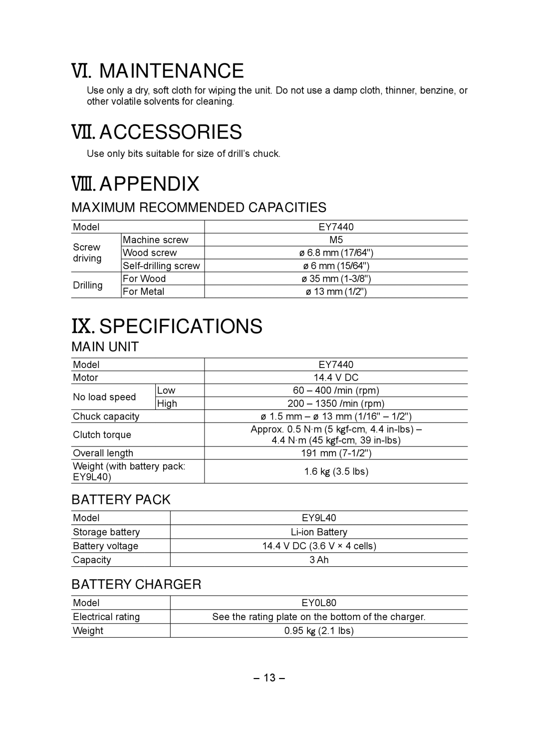 Panasonic EY7440 operating instructions VI. Maintenance, VII. Accessories, VIII. Appendix, IX. Specifications 