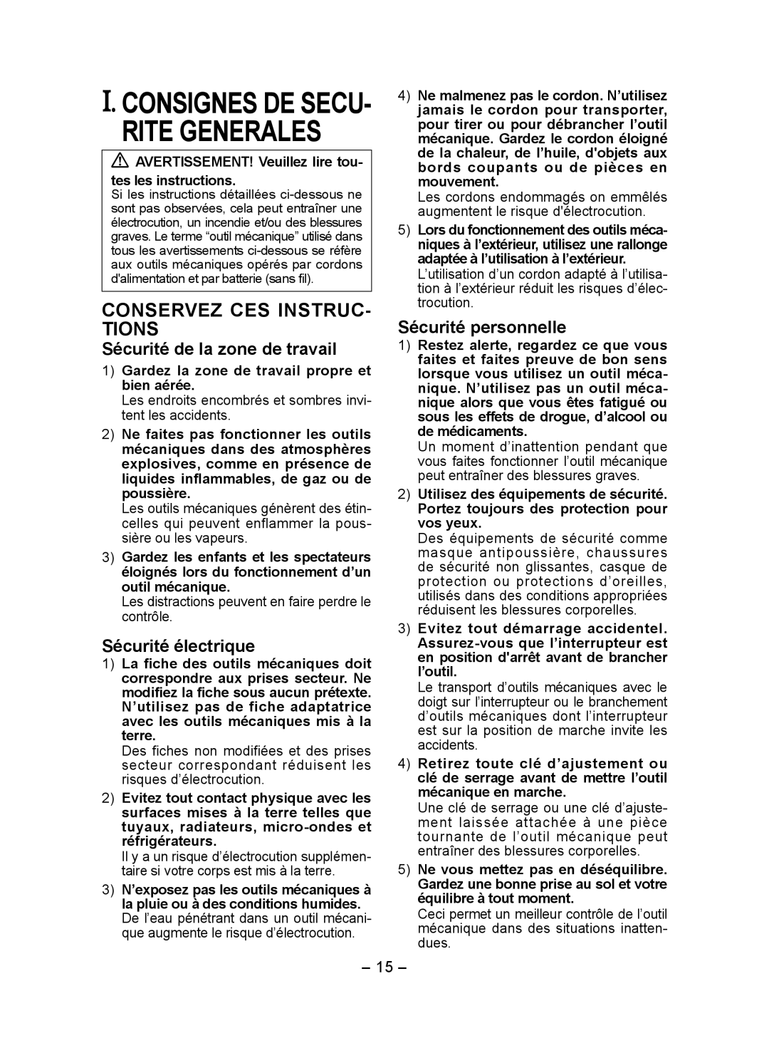 Panasonic EY7440 Conservez CES INSTRUC­ Tions, Sécurité de la zone de travail, Sécurité électrique, Sécurité personnelle 