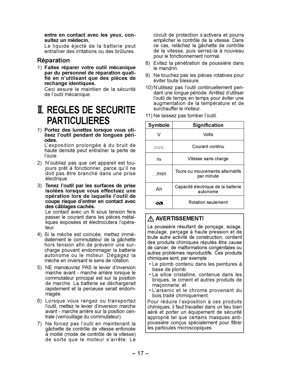 Panasonic EY7440 Particulieres, Réparation, Avertissement, Entre en contact avec les yeux, con­ sultez un médecin 