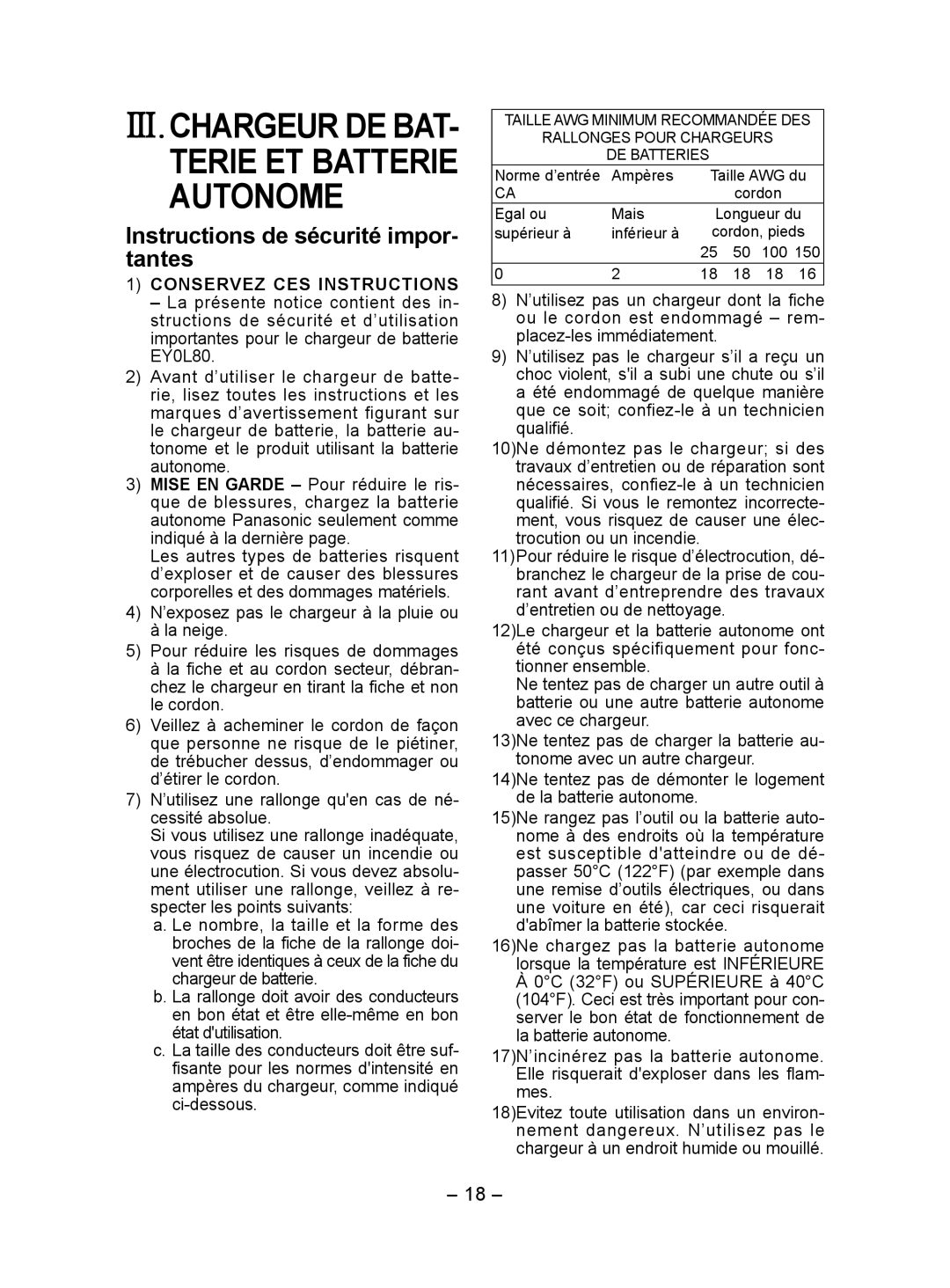 Panasonic EY7440 operating instructions Iii.Chargeur De Bat­, Instructions de sécurité impor­ tantes 