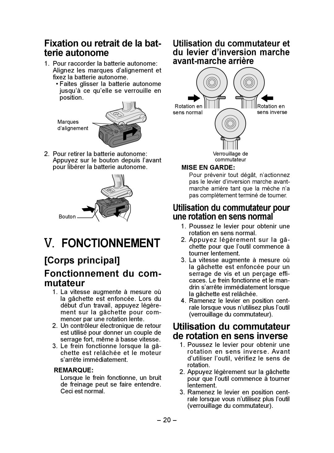 Panasonic EY7440 Fixation ou retrait de la bat­ terie autonome, Corps principal Fonctionnement du com­ mutateur 